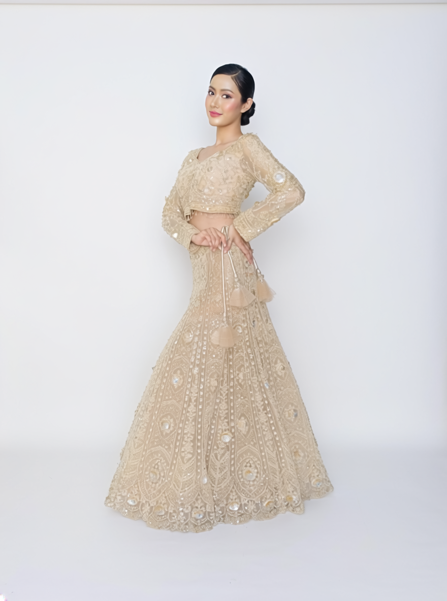 Luxury Champagne Gold Embroidered Lehenga Set