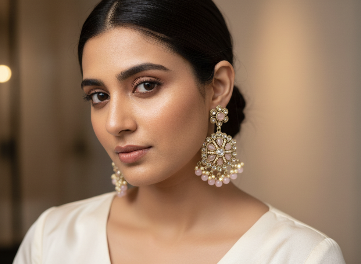 Elegant Gold-Tone Kundan Earrings with Pink Beads – Traditional, Classy & Timeless