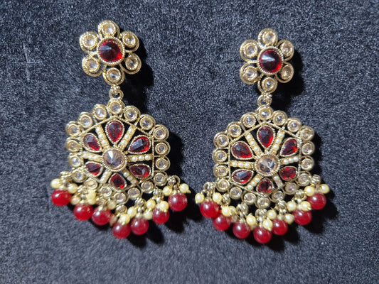 Stunning Traditional Kundan Earrings with Pearl and Red Bead Accents