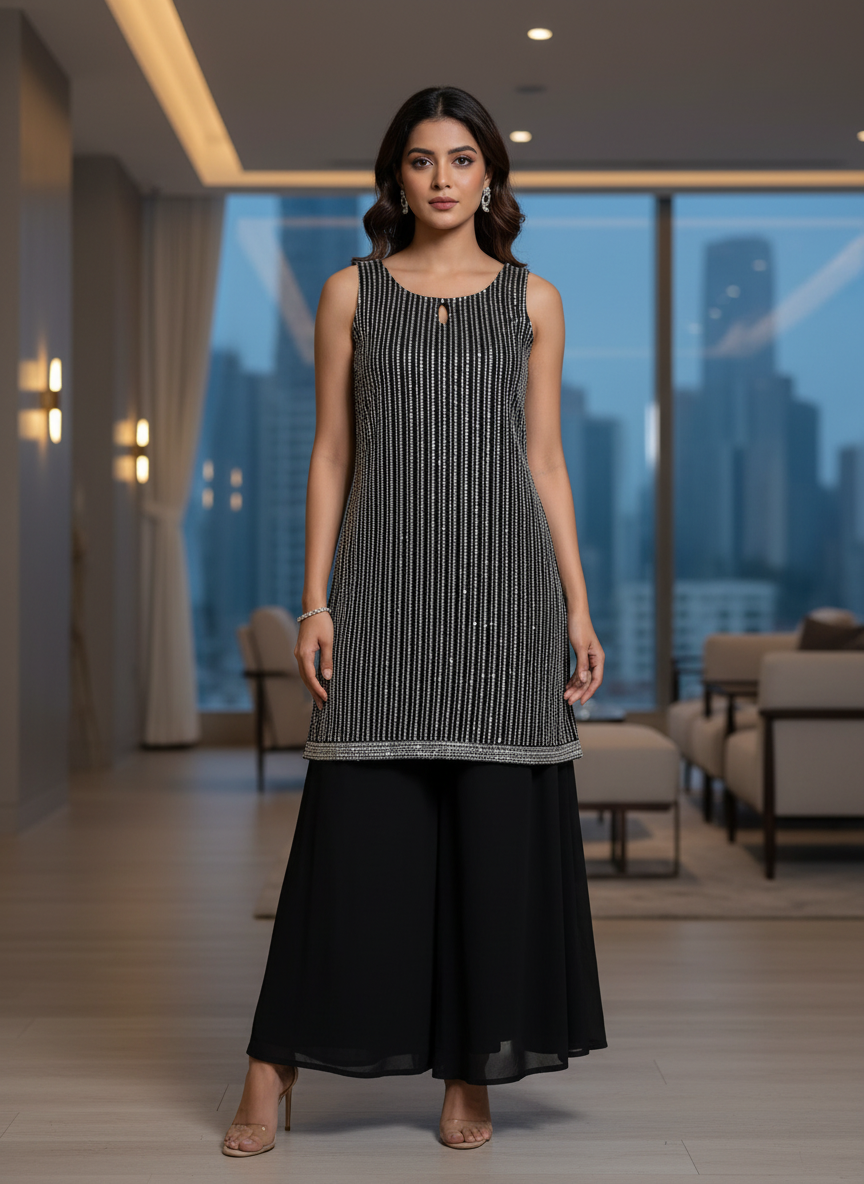 Stunning Black Embellished Palazzo Suit – A Perfect Blend of Elegance & Modern Style