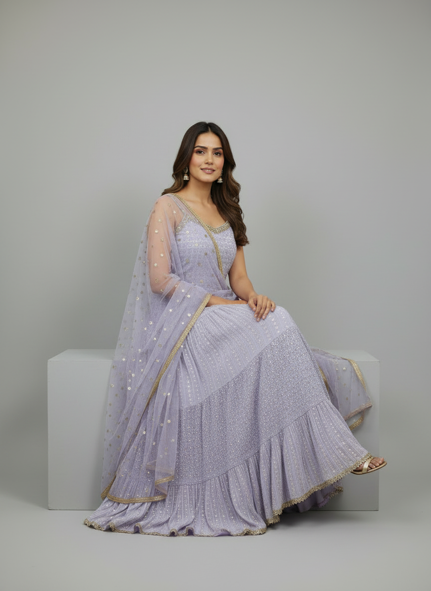 Ethereal Lavender Tiered Anarkali Gown with Sequin Dupatta