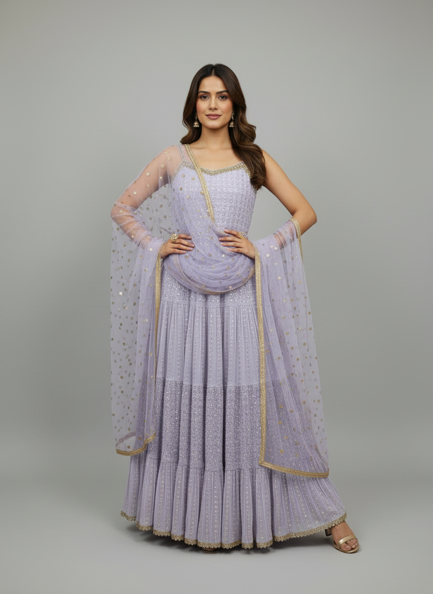 Ethereal Lavender Tiered Anarkali Gown with Sequin Dupatta