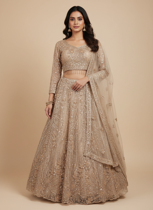 Luxurious Champagne Gold Sequinned Lehenga Set – A Masterpiece of Elegance & Glamour