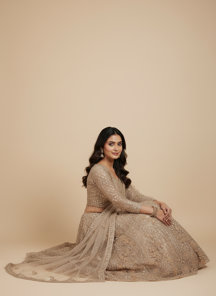 Luxurious Champagne Gold Sequinned Lehenga Set – A Masterpiece of Elegance & Glamour