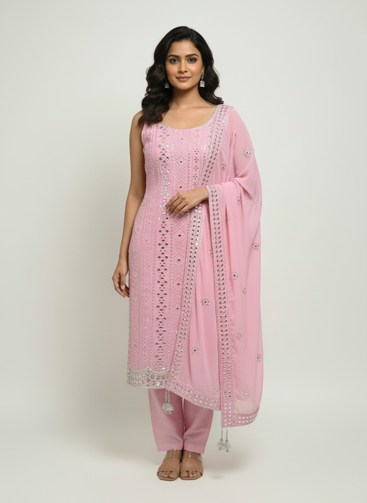✨ Elegant Pink Embroidered Mirror-Work Suit Set (Kurti, Pant & Dupatta) ✨