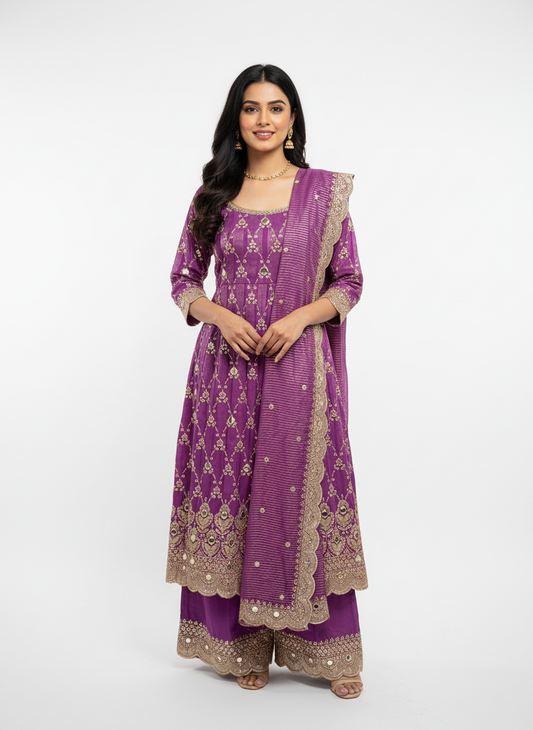 Elegant Purple Embroidered Anarkali Set – A Perfect Blend of Tradition & Luxury