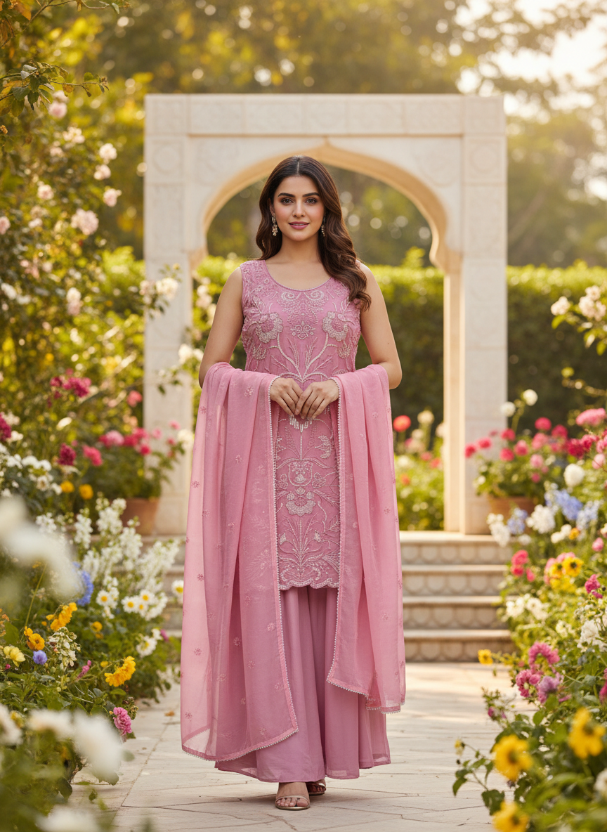 Luxury Pink Embroidered Plazo Suit – Perfect for Festive & Wedding Functions