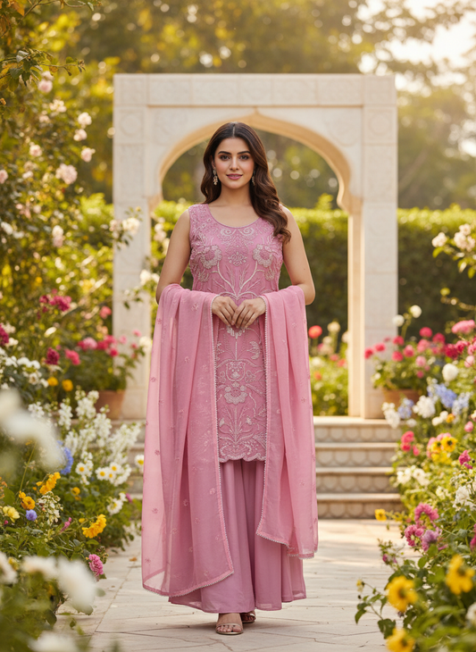 Luxury Pink Embroidered Plazo Suit – Perfect for Festive & Wedding Functions