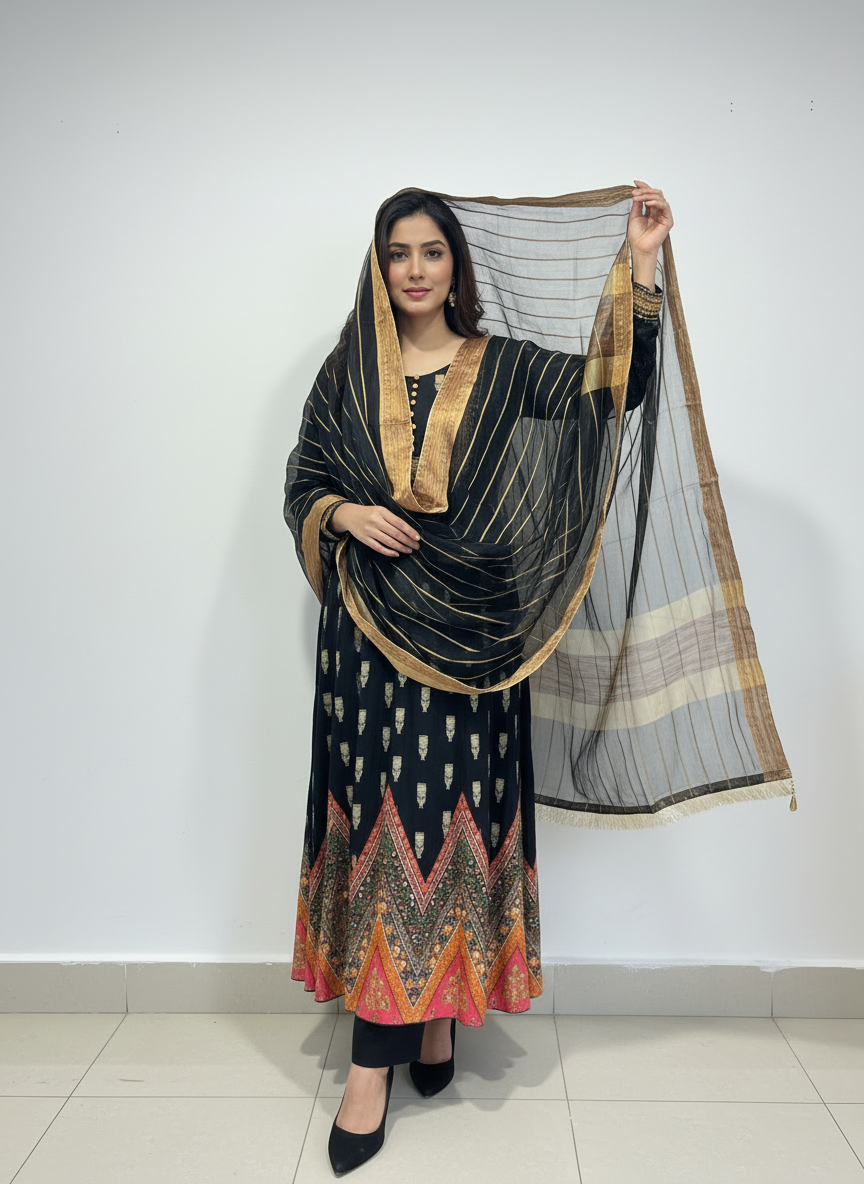 Exquisite Black & Gold Embroidered Pajama Suit with Statement Dupatta