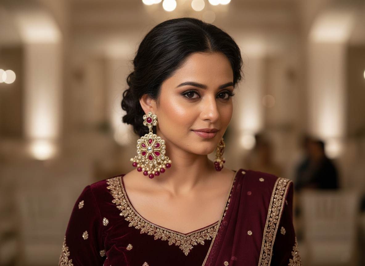 Elegant Traditional Gold-Plated Earrings with Red and Pearl Detailing