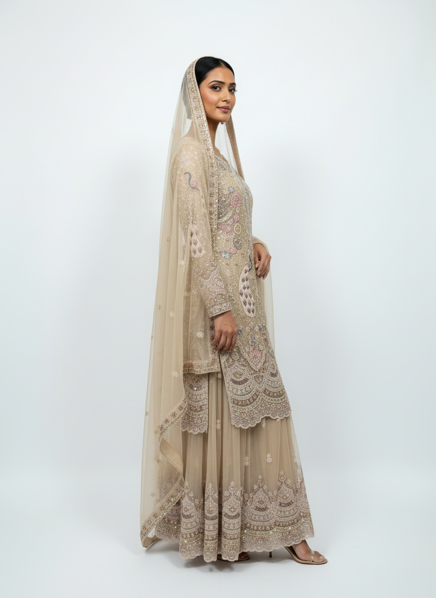 Luxury Embroidered Plazo Suit – Beige Champagne Tone