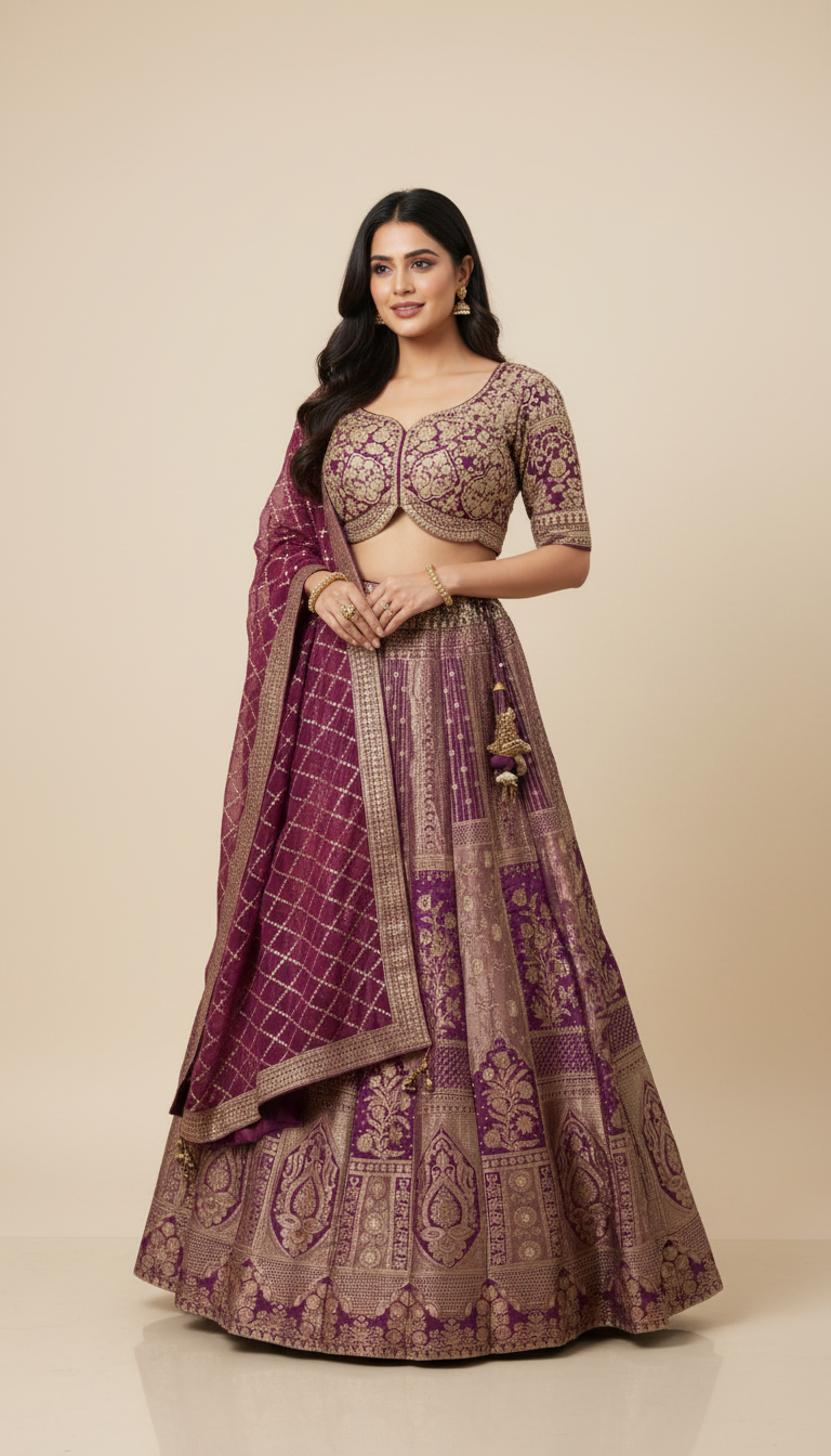 Exquisite Banarasi Silk Lehenga in Royal Plum & Gold