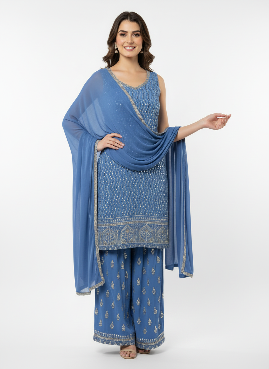 Elegant Blue Embroidered Palazzo Suit – Premium Party & Festive Wear