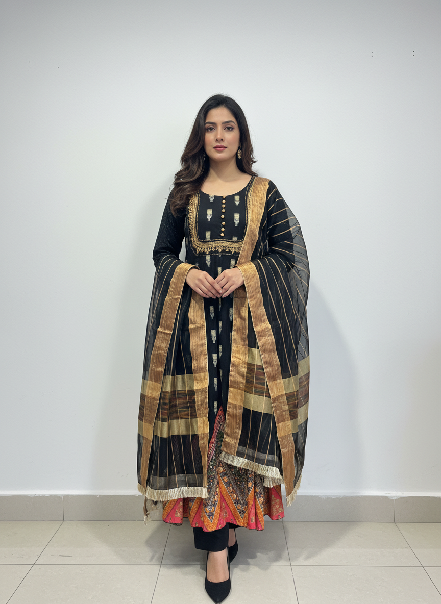 Exquisite Black & Gold Embroidered Pajama Suit with Statement Dupatta