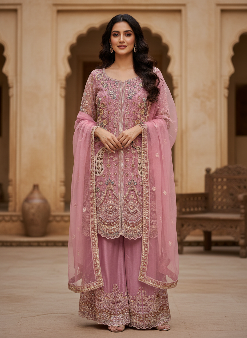 Elegant Pink Embroidered Plazo Suit – Premium Festive Wear