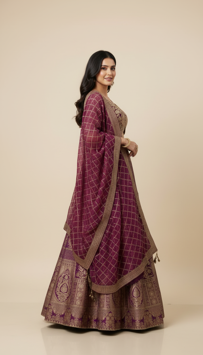 Exquisite Banarasi Silk Lehenga in Royal Plum & Gold