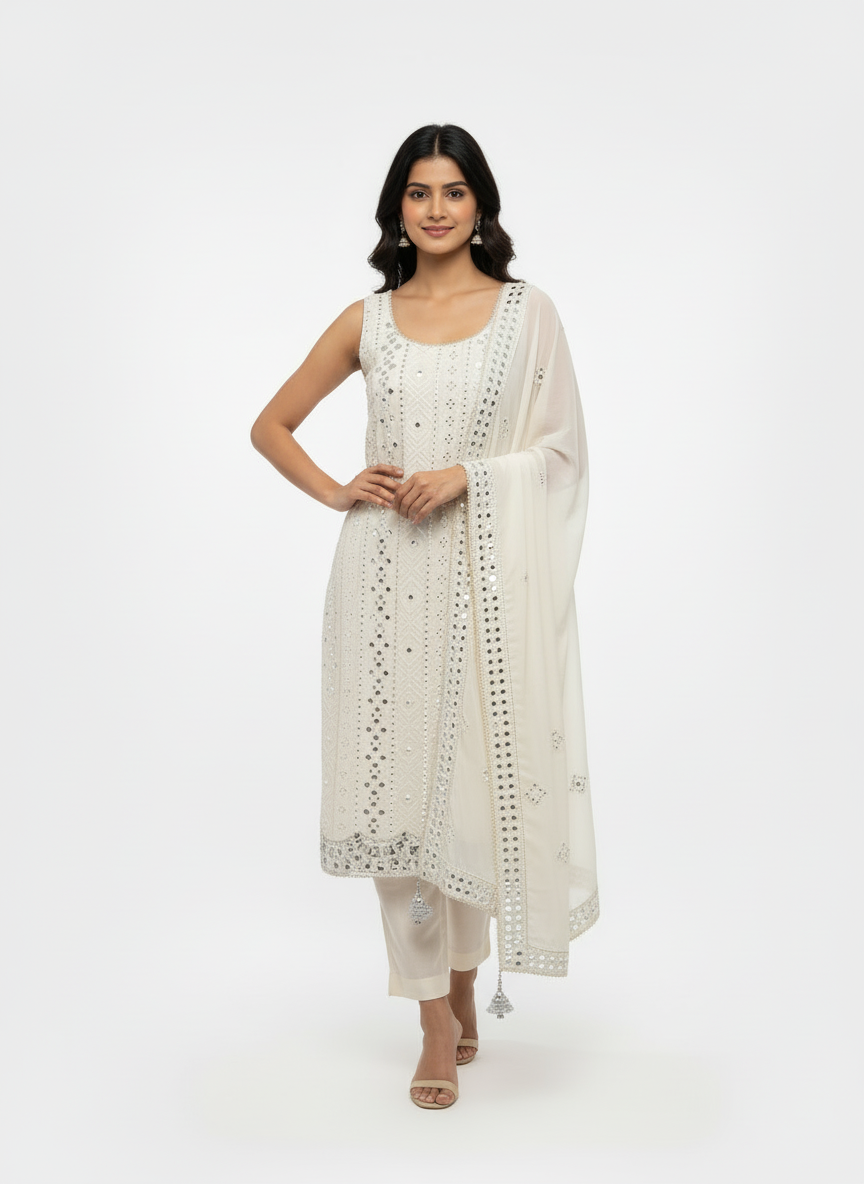 🤍 Elegant Ivory Mirror-Work Pajami Suit – Timeless & Graceful 🤍