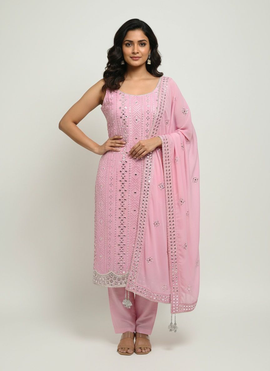 ✨ Elegant Pink Embroidered Mirror-Work Suit Set (Kurti, Pant & Dupatta) ✨