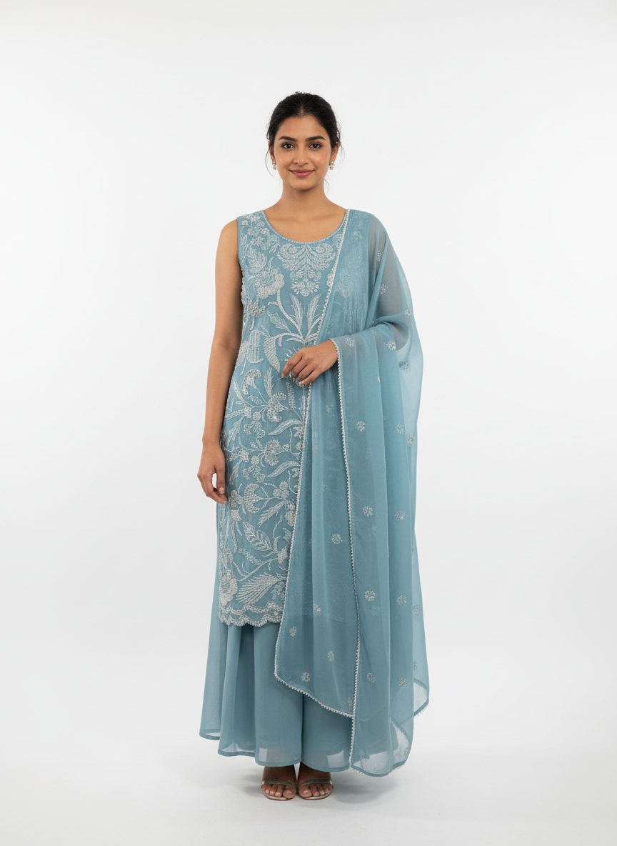 Elegant Sky Blue Embroidered Plazo Suit – Premium Festive & Party Wear