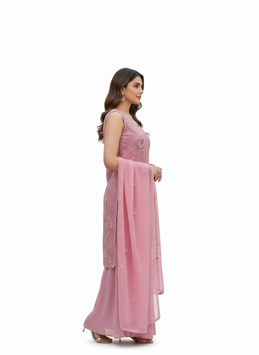Luxury Pink Embroidered Plazo Suit – Perfect for Festive & Wedding Functions