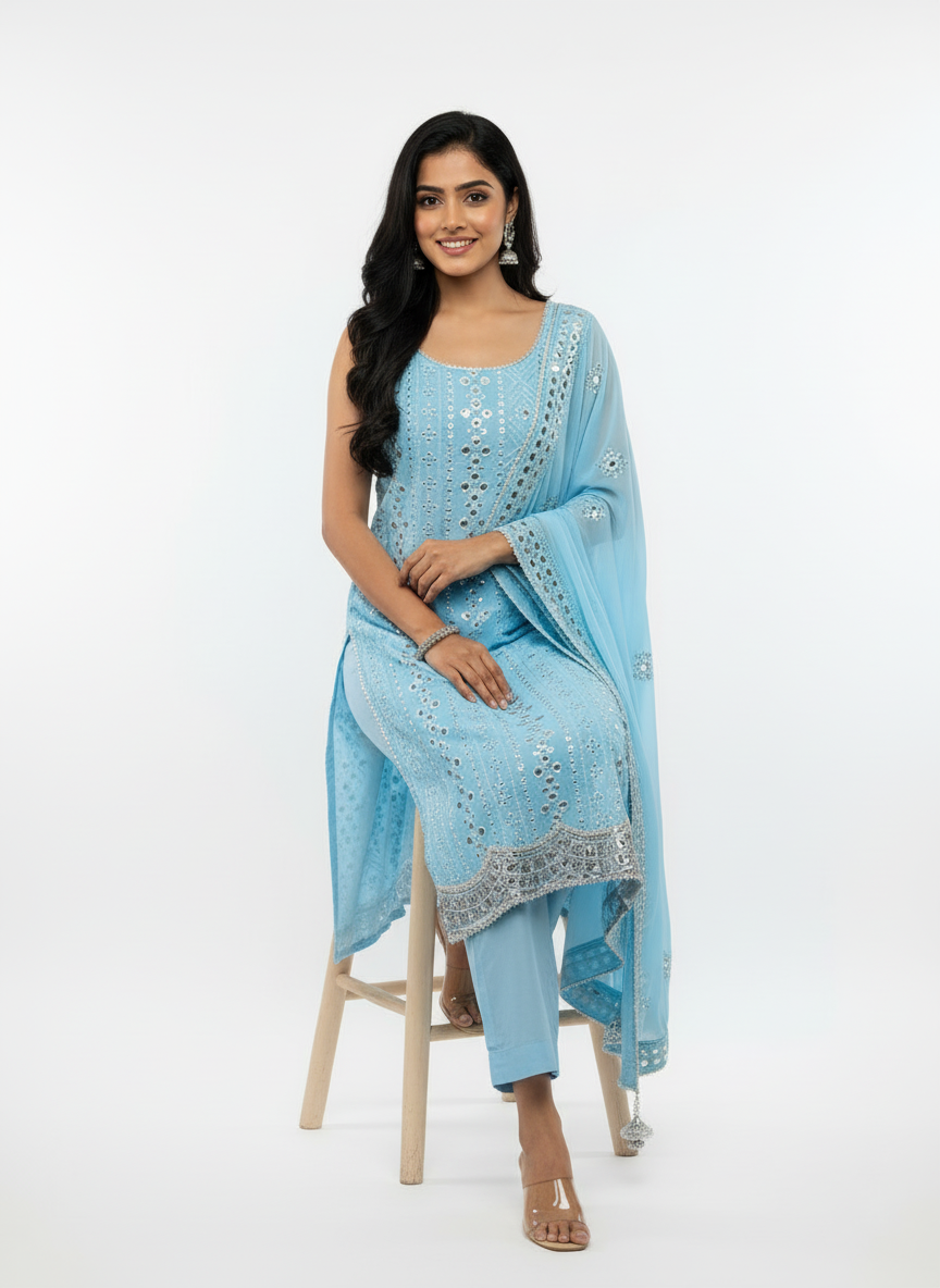 Premium Powder Blue Mirror-Work Suit – Elegant & Festive Ready