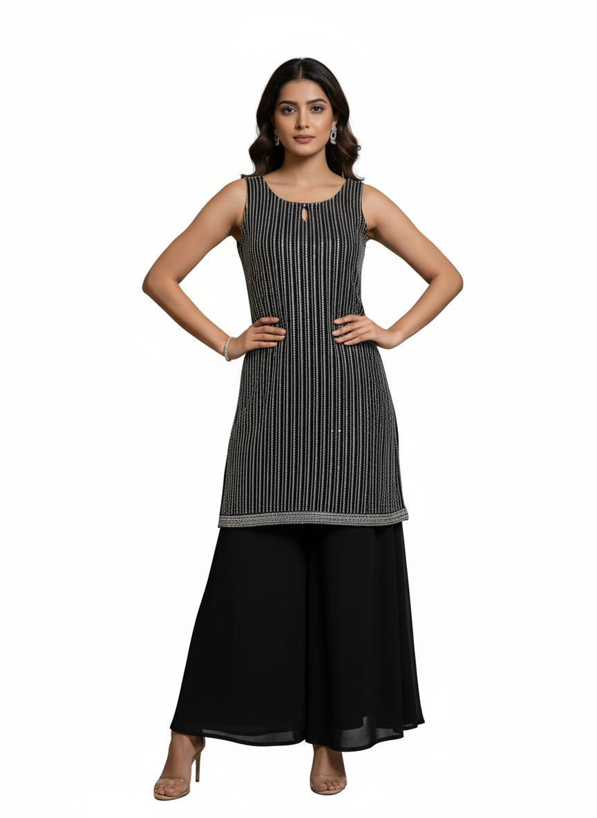Stunning Black Embellished Palazzo Suit – A Perfect Blend of Elegance & Modern Style