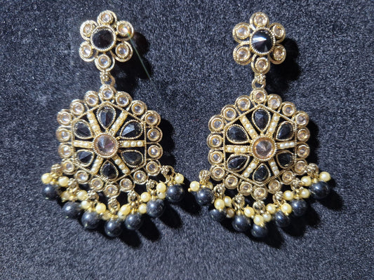 Elegant Traditional Gold-Plated Earrings with Black and Pearl Accents