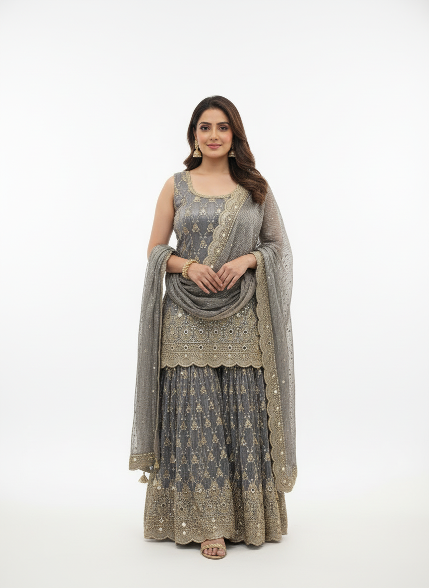 Grey Embroidered Palazzo Suit – Sophisticated, Regal & Perfect for Every Celebration