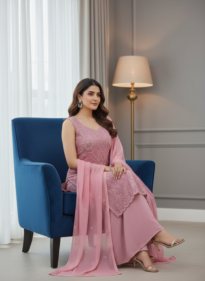 Luxury Pink Embroidered Plazo Suit – Perfect for Festive & Wedding Functions
