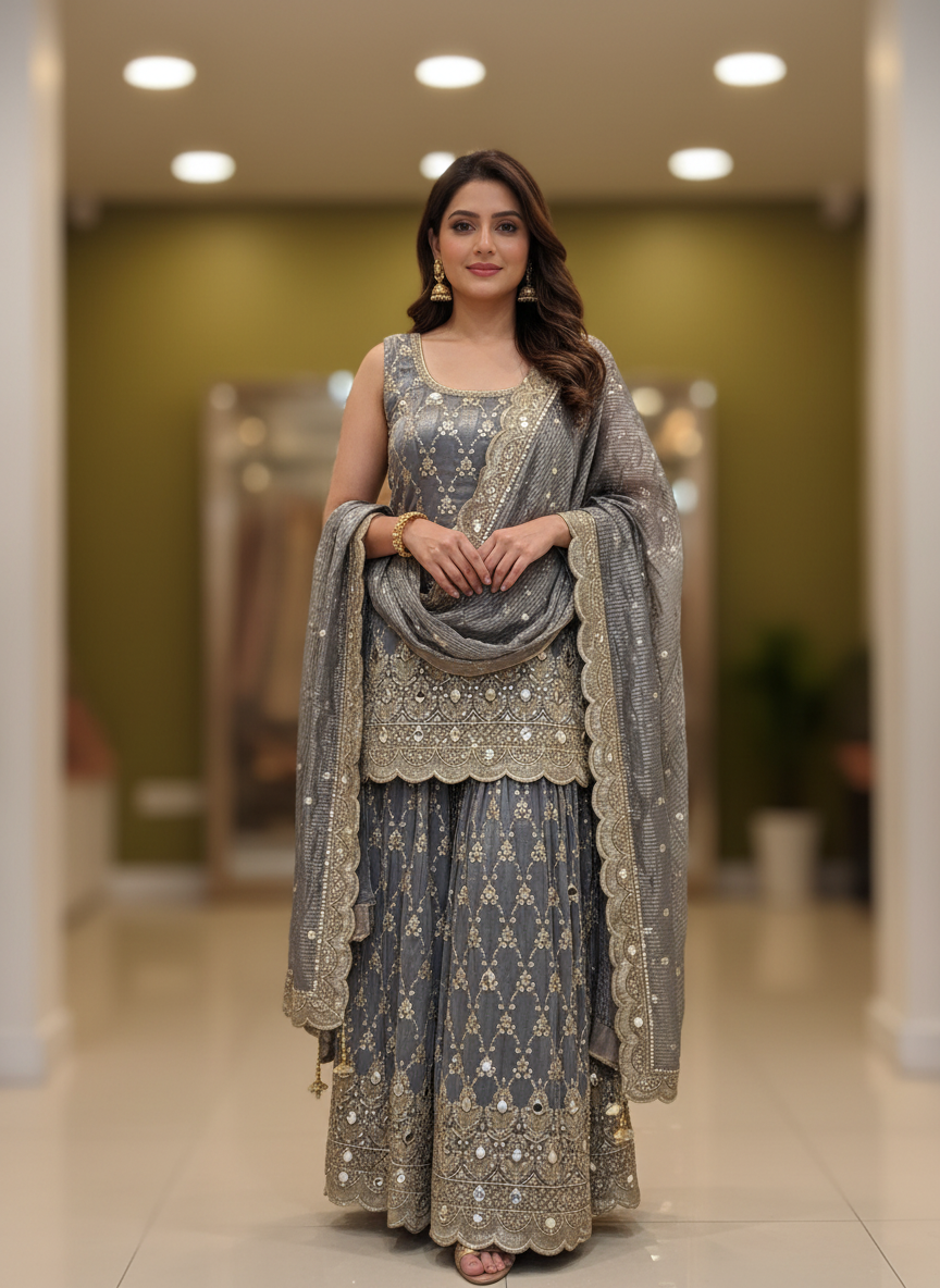 Grey Embroidered Palazzo Suit – Sophisticated, Regal & Perfect for Every Celebration