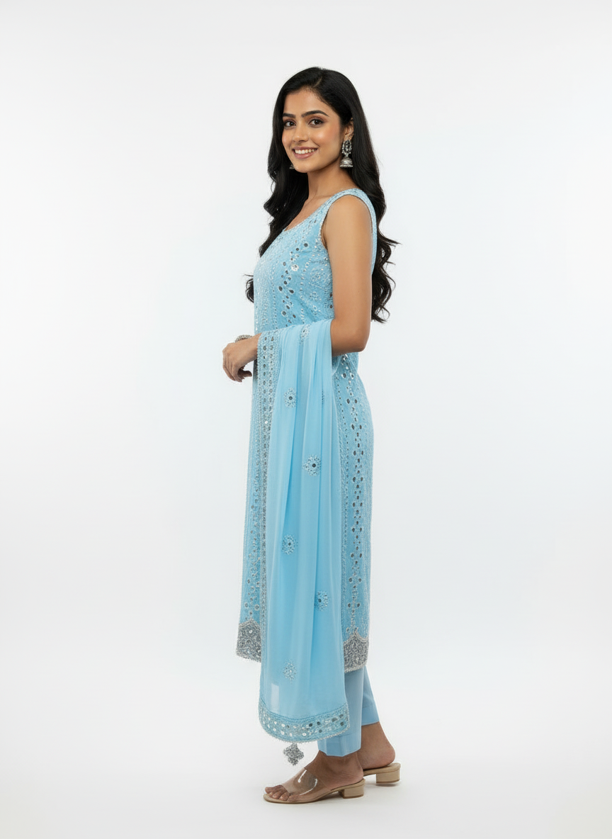 Premium Powder Blue Mirror-Work Suit – Elegant & Festive Ready