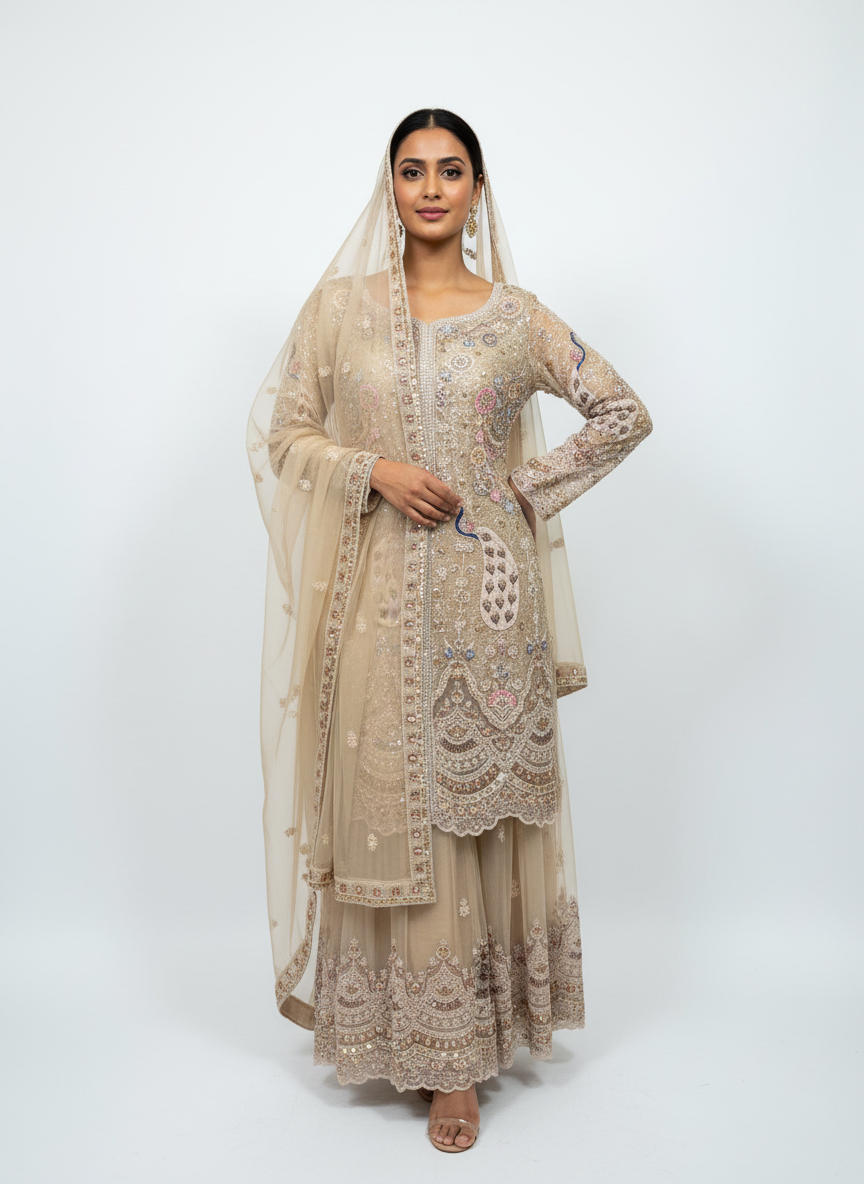 Luxury Embroidered Plazo Suit – Beige Champagne Tone