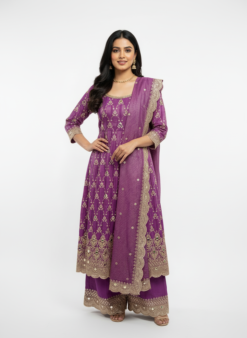 Elegant Purple Embroidered Anarkali Set – A Perfect Blend of Tradition & Luxury