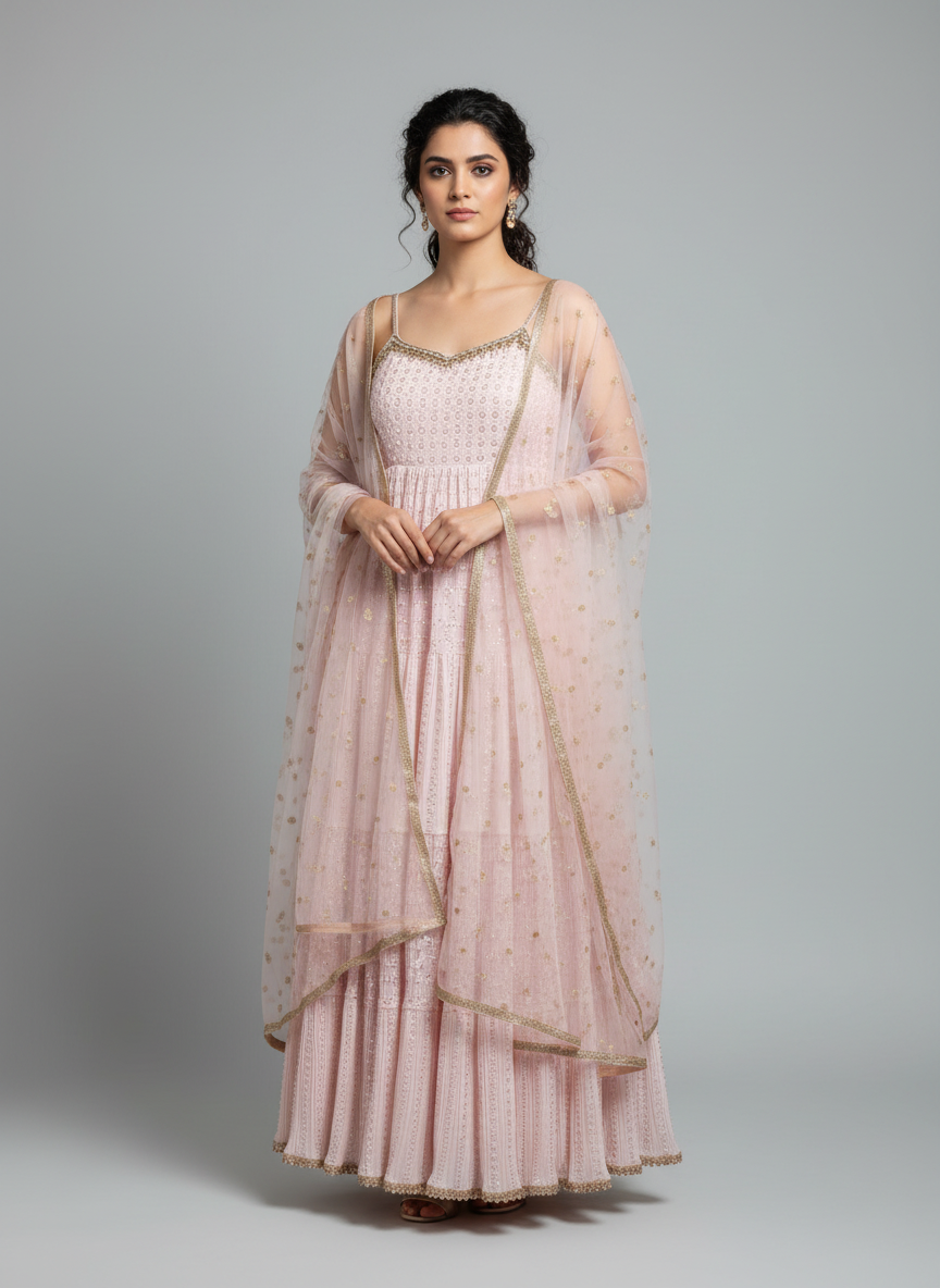 Delightful Blush Pink Tiered Anarkali Gown with Sequin Net Dupatta