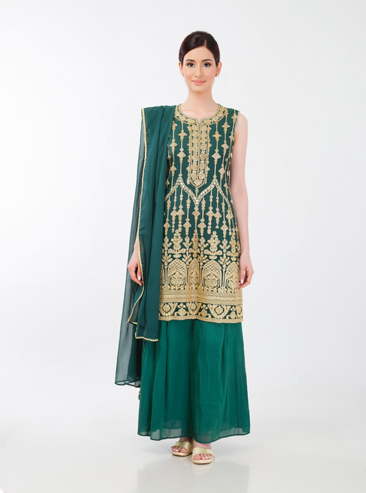 Elegant Emerald Green Embroidered Suit Set