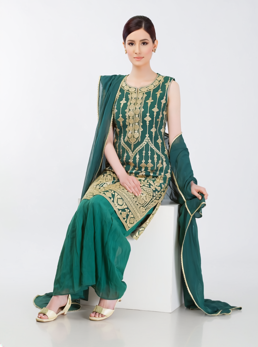 Elegant Emerald Green Embroidered Suit Set